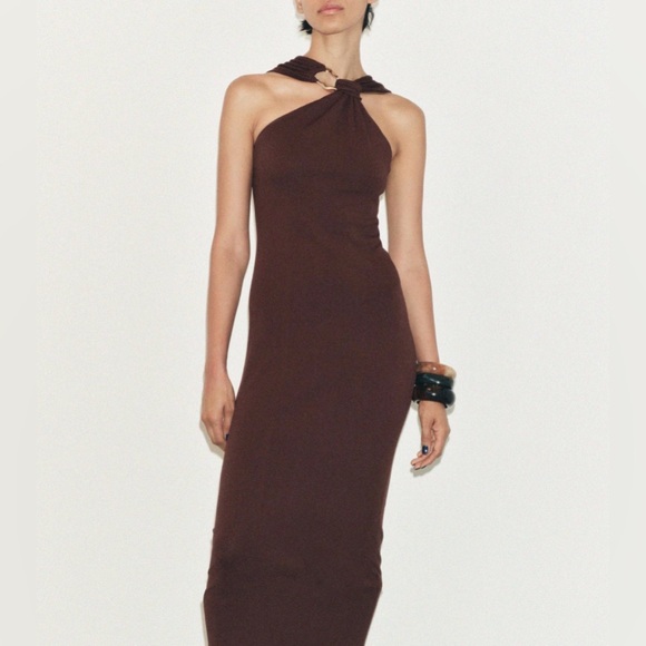 Zara Gold Appliqué Knot Dress in Deep Brown Size S Contour Style - Picture 3 of 5